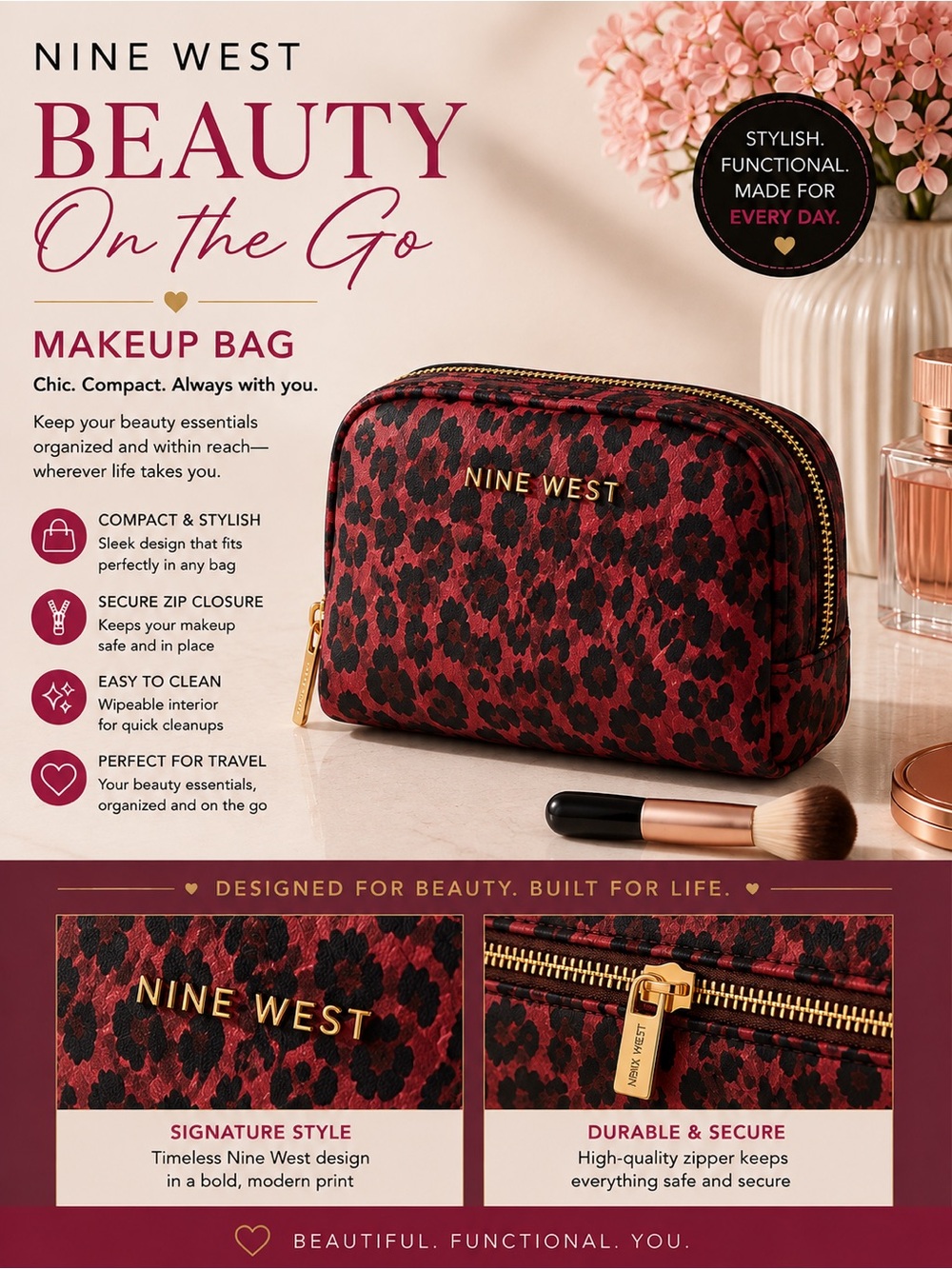 Nine West Red and Black Leopard Print Makeup Bag with Gold Zip
